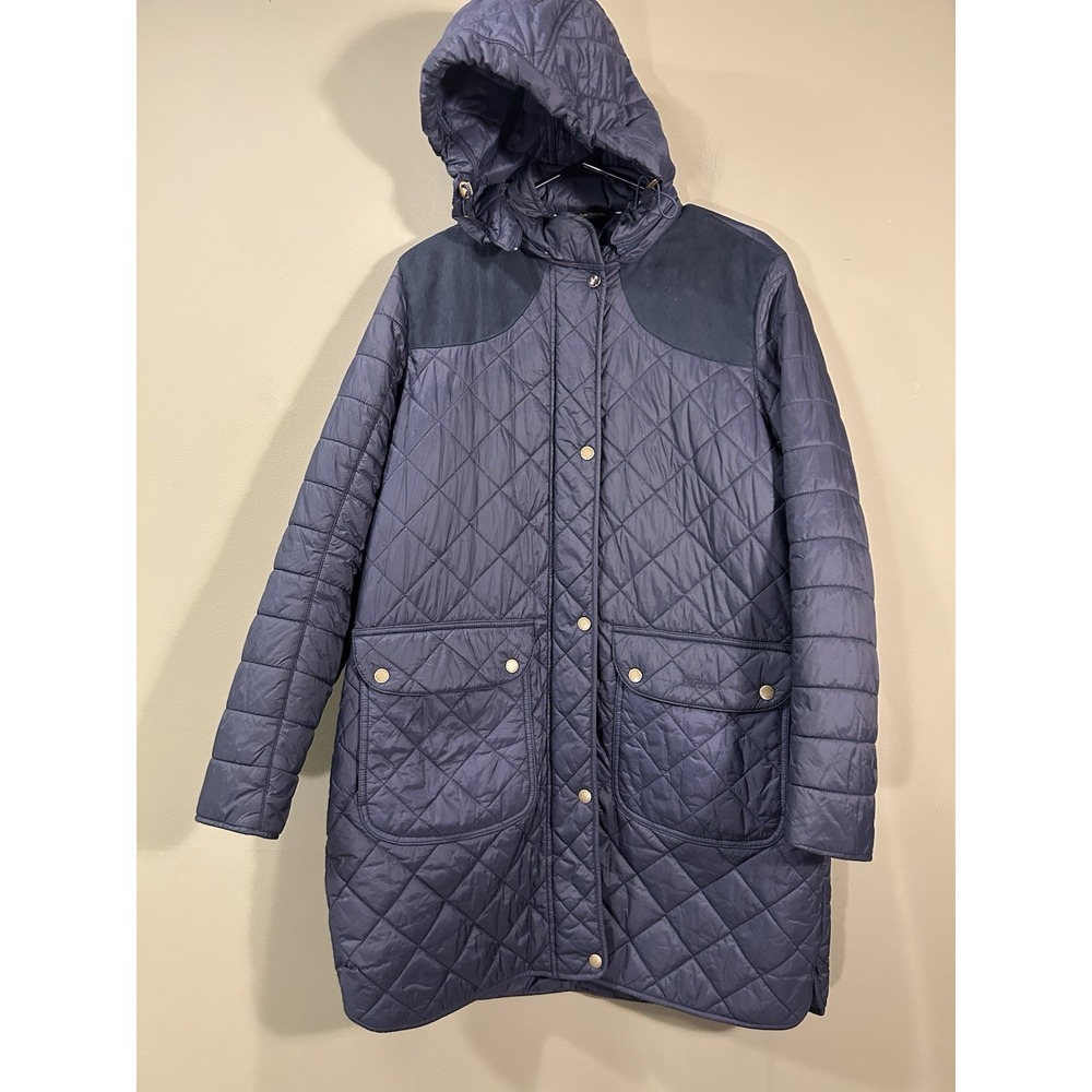 Barbour Greenfinch Midi Jacket Womens Sz 12 Navy Blue Hooded Shoulder Patches - Picture 2 of 14